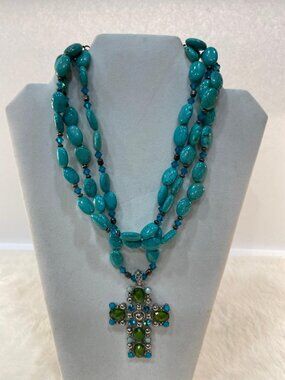 Runway Style Turquoise 3 Strand Necklace with Big Cross